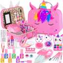 Kids Makeup Kit for Girl - 2 in 1 Kids Washable Makeup Toys & Nail Art Kit with Nail Dryer and Storage Case, Real Girl Makeup Set Birthday Gifts Toys for 3 -12 Year Old Girls, Pink