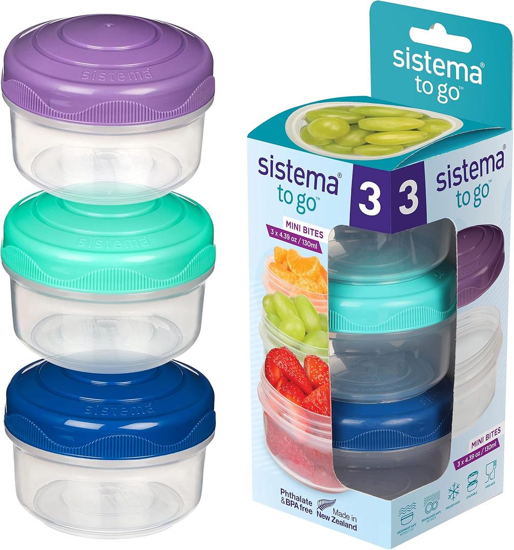 Sistema To Go Collection Mini Bites Small Food Storage Containers, 4.3 oz./127 mL, Pink/Green/Blue, 3 Count