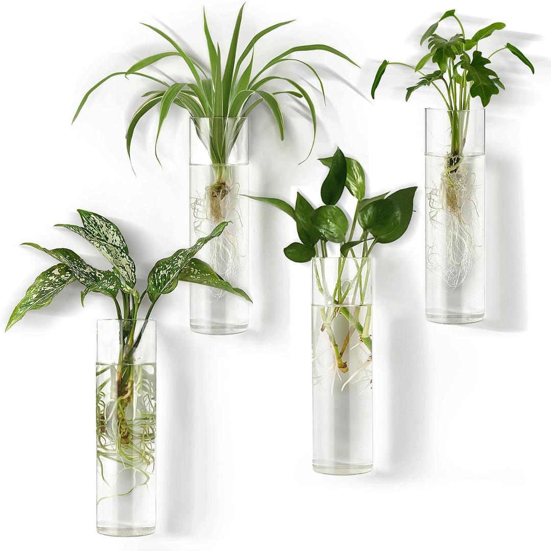 Mkono Propagation Station Wall Planter Hanging Glass Tubes Flower Vase for Hydroponics Plants, Bathroom, Home Office Living Room Decor Gift, Cylinder Set of 4(Plants not Included)