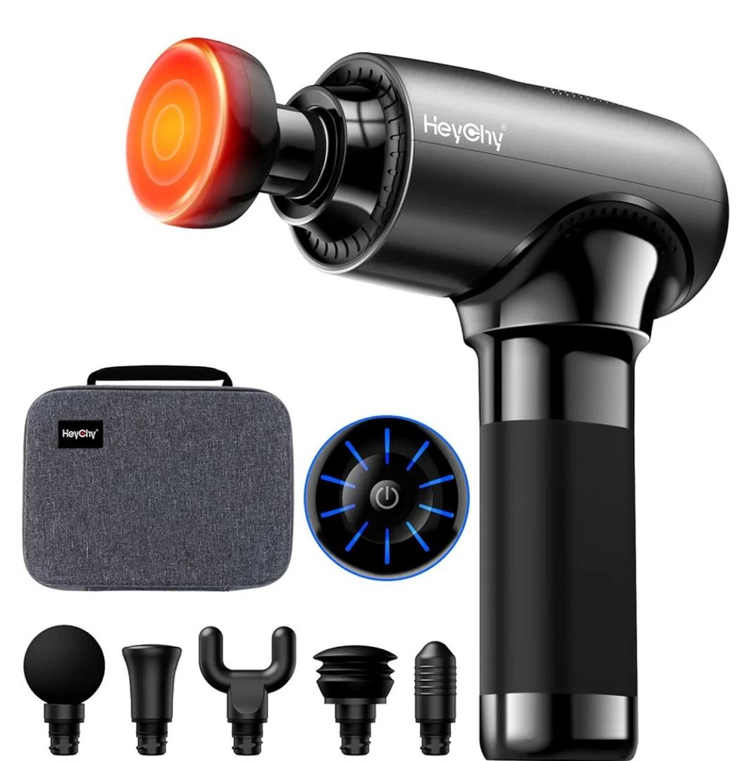 Massage Gun Deep Tissue with Heat Head, Handheld Muscle Back Massager with Carry Case, Portable Percussion Massager Gun with 6 Replacements for Athletes Pain Relief
