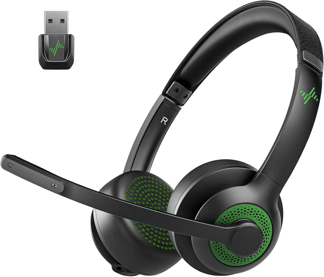 JIAMQISHI Wireless Headset with AI Noise Cancelling Microphone Bluetooth Headset - Bluetooth V5.2 Headphones with USB Dongle & Mic Mute for Computer/Laptop/PC/iPhone/Android/Cell Phones/Zoom-Green