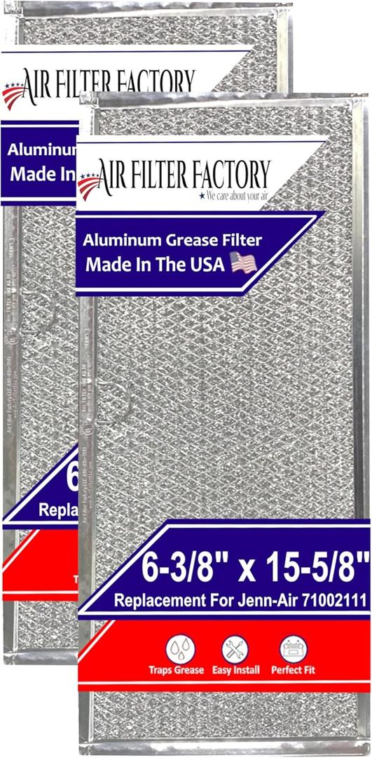 Air Filter Factory Replacement For Jenn-Air 71002111 USA Made 12-Layer Aluminum Mesh Grease Downdraft Filter 6.37 X 15.63 X 0.12 Inches 2-Pack