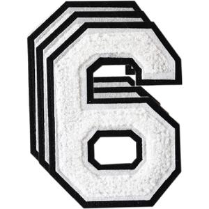 3PCS White Chenille Numbers Patch, Large Size 4-1/2" Iron on Number Patches Varsity Patches for Clothing, 6 (White Black Edge)