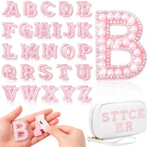 WILLBOND 52 Pieces Self Adhesive Pearl Rhinestone Letter Patches A-Z Bling Rhinestone Letter Stickers Glitter Alphabet Appliques Sticker for DIY Clothes Bags Hats Phone Backpacks(Pink)
