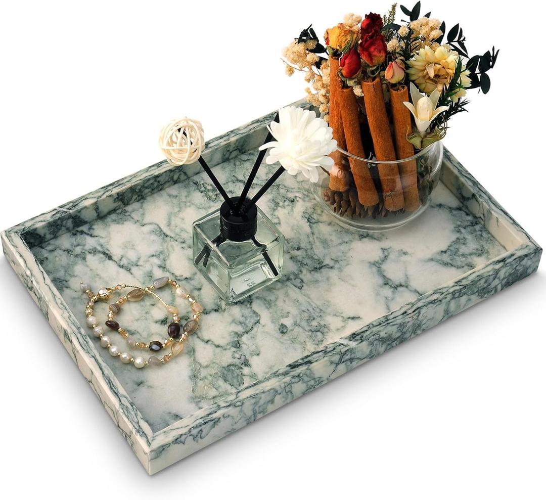 Marble Bathroom Tray, Pure Natural Vanity Tray, Marble Tray for Kitchen Counter Non-Ceramic/Non-Resin, Stone Trays 12 x 8 inch Cyan Green
