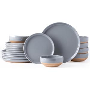 AmorArc Ceramic Dinnerware Sets for 6, 18 Pieces Handpainted Plates and Bowls Set with Rustic Terracotta Underside, Scratch Resistant Stoneware Dishes Set, Dishwasher & Microwave Safe, Gray (Limestone)