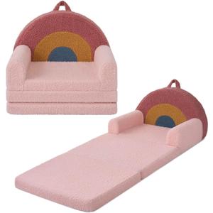 Blissful Diary Foldable Toddler Couch, 2-in-1 Comfy Toddler Chair & Lounger for Reading, Playroom, Kids Couch Sofa for Girls Boys Birthday Gift, Blush Rainbow