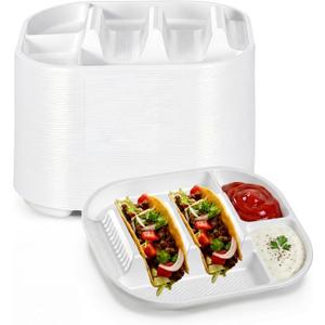 Baderke 60 Pack Disposable Plastic Taco Plates, Fiesta Tacos Holder Tray PP Taco Holder Plates with 2 Dividers for Soft & Hard Shells for Tacos Tuesday Bar, Parties, Picnics (White)