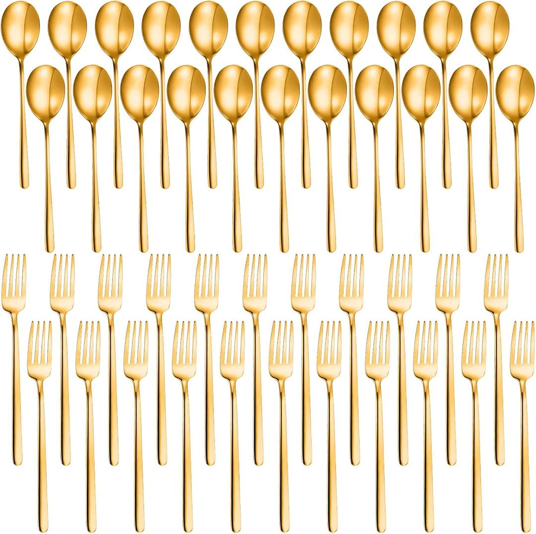 48 Pcs Forks and Spoons Set for 24, Stainless Steel Flatware Cutlery Set Mirror Polished Kitchen Utensil, 6.5 Inch Forks and 7.3 Inch Spoons for Home Kitchen Restaurant, Dishwasher Safe(Gold)
