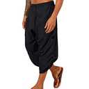 Gafeng Mens Linen Harem Capri Pants Drawstring 3/4 Shorts Casual Beach Yoga Hippie Thai Pants, L