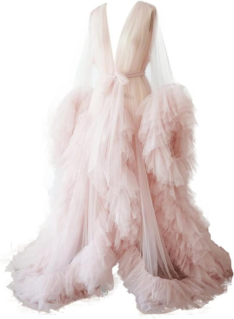 BATHGOWN Sexy Illusion Long Lingerie Tulle Robe Nightgown Bathrobe Sleepwear Bridal Robe Wedding Scarf (Medium, Pink)