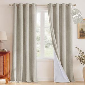 NICETOWN 100% Blackout Linen Beige Curtains 84 inches Long for Living Room, White Liner Composite Grommet Bedroom Thermal Drapes Casual Home Decor Window Treatments, 2 Panels, W52 x L84