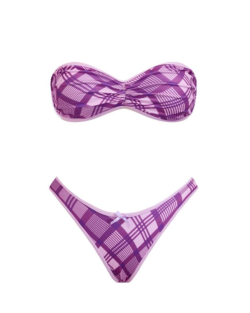 VOLAFA Women's Triangle Bikini Set Strapless Textured Bandeau Solid Cheeky Two Piece Swimsuit Bathing Suit (Small, Purple Plaid) (S)