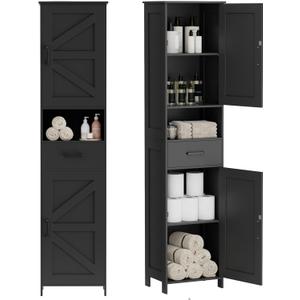 Homhedy 67" H Tall Bathroom Storage Cabinet with 2 Barn Doors and 1 Drawer, Narrow Storage Unit, Adjustable Shelves, Floor Cabinet for Bathroom, Living Room, Entryway, Kitchen, Black, (15.7" W)