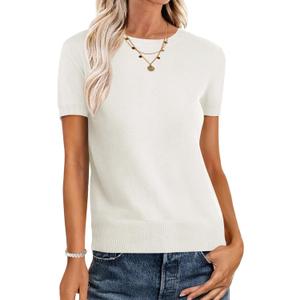 ANRABESS Womens Short Sleeve Sweaters Wool Blend Crew Neck Sweater Shirts Business Casual Work Tops 2025 Summer Outfits (Large, Cream White)