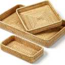 3 Pack Rattan Serving Tray, Woven Rectangular Storage Baskets, Natural Wicker Decorative Serving Baskets, Natural Woven Tray for Home Decor, Bathroom, Kitchen Counter