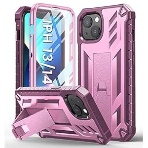 for iPhone 13 Case Protective Cover: iPhone 14 case Heavy Duty Military Grade Hard Protection Shock Proof Grip | Durable Dual-Layer Design iPhone 13-14 Phone Case with Built-in Kickstand(Pink Rose)