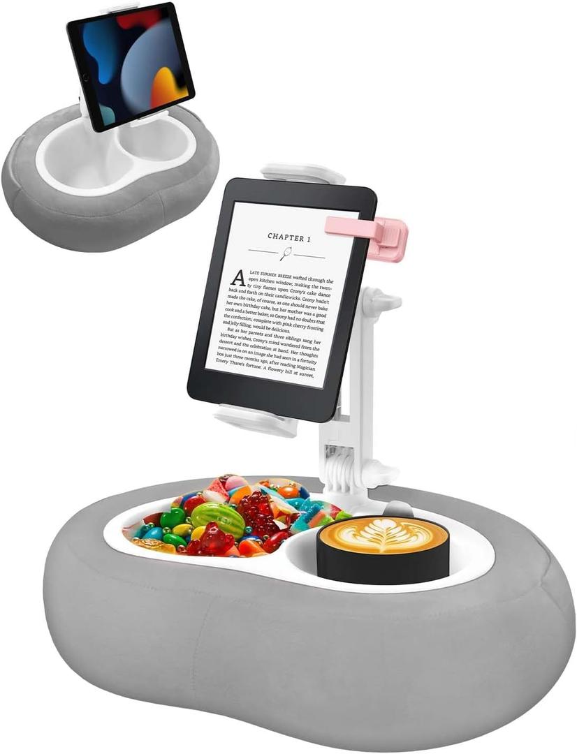 Tablet Pillow Stand, Compatible with 5"-12.9" Kindle, iPad, Phone/Tablet, Google, Samsung, 360 Rotating Phone Holder for Bed, Soft Plush Fabric, Detachable Bowl, Reading and Relaxation on Bed, Gray