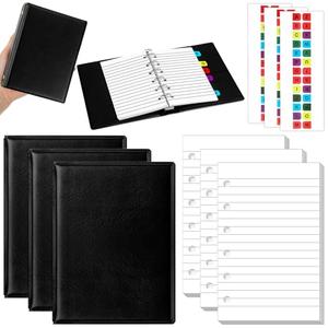 Engrowtic 3 Set Mini 6 Ring Binder 3 x 5 Inch 300 Paper Refill 78 Alphabet Dividers Small Index Tabs 3 Black PU Leather Binder Professional Ring Planner Notebook Kit(Lined)