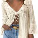 Saodimallsu Womens Summer Lightweight Tie Front Cardigans Crochet Knit Long Bell Sleeve Casual V Neck Beach Cover Ups (Medium, Apricot)