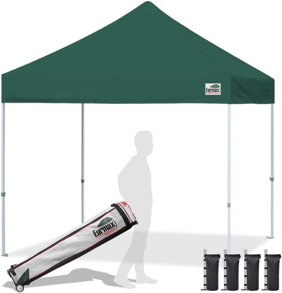 Eurmax USA Standard 10x10ft Patio Pop Up Canopy Tent for Outdoor Events Commercial Instant Canopies with Heavy Duty Roller Bag,Bonus 4 Canopy Sand Bags(Forest Green)