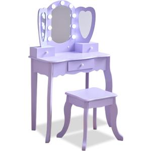 Teamson Kids Heart Glow Makeup Kids Vanity Set with Heart Shape LED Light-Up Mirror, Matching Stool and Storage Drawers, Pretend Makeup Play Table for Toddlers and Girls 3+ Years Old, Purple