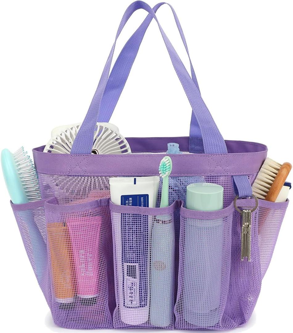 Mesh Shower Caddy Portable for College Dorm Room Essentials, 8-Pocket Large Shower Basket Tote Bag with 2 Handles for Toiletry, Bathroom, Beach, Camp, Gym (Multiple Pockets - Purple)