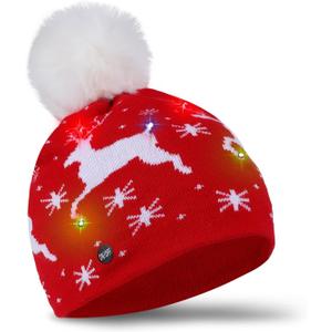 Light Up Christmas Beanie Hats for Adults - Knit Winter Pom Pom Snow Cap, Holiday Xmas Party Supplies (Reindeer Design)