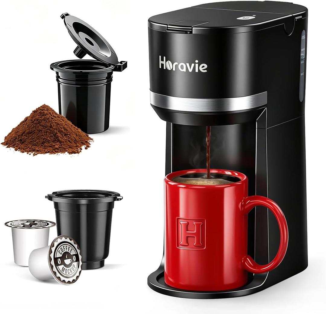 Horavie Small Single Serve Coffee Maker for K Cup and Grounds, Fast Brew One Cup Coffee Machine with One Button, 6 to 12 oz. Brew Sizes, Perfect for Home and Travel, Black