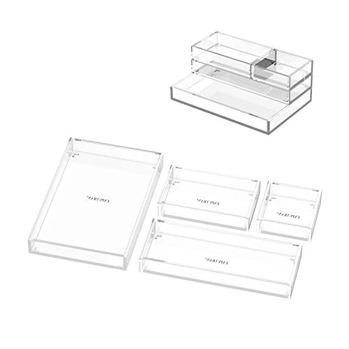 EXPUTRAN Clear Acrylic Desk Organizer for Office or Home Desk Drawer Dividers, Makeup Vanity Storage Bins, Stackable 4-Pack, Acrylic Accessory and Half Accessory Tray/Small Tray