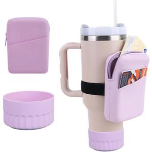Water Bottle Silicone Pouch + Protective Silicone Boot, Universal Fit for 20/30/40 oz, Adjustable Strap with Large Capacity, Purple