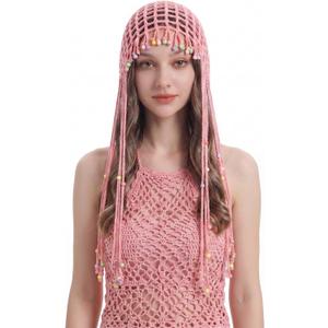 Newcotte Crochet Hats for Women Beanie Cap with Beads Tassel Mesh Lace Skull Cap Netted Hair Net, Summer Beanie with Sequins