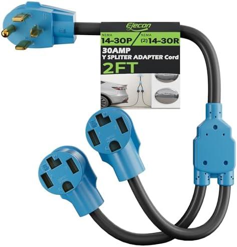 Elecan 30 Amp Dryer/EV Y Splitter Adapter Cord, 4 Prong NEMA 14-30P to 2X 14-30R for Power Extension Outlet Plug & Level 2 EV Charging Tesla, Heavy-Duty, STW, Waterproof, 10 AWG 125/250V-ETL-Blue-2FT