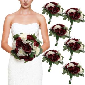 Set of 4 Bridesmaid Bouquets, 11 Inch Wedding Bouquets for Bridesmaids Artificial Flower Bouquets for Wedding Ceremony Bridal Shower Decorations - Burgundy & White