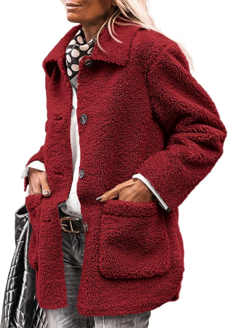 PRETTYGARDEN Women's Winter Faux Fur Coats Long Sleeve Lapel Button Down Pockets Fleece Sherpa Jacket Casual Trendy Outerwear (Medium, Jujube Red)