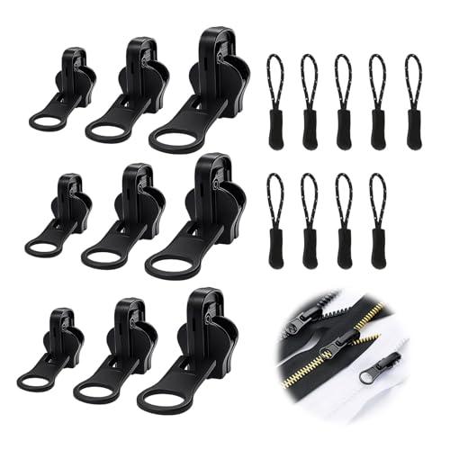 Zipper Replacement Kit Universal Double-Sided Zipper Slider Repair Kit 9 Pack 3 Different Size Black Zippers Fix Repair Kit for Jackets, Backpack, Coats, Tents, Luggage, Bags