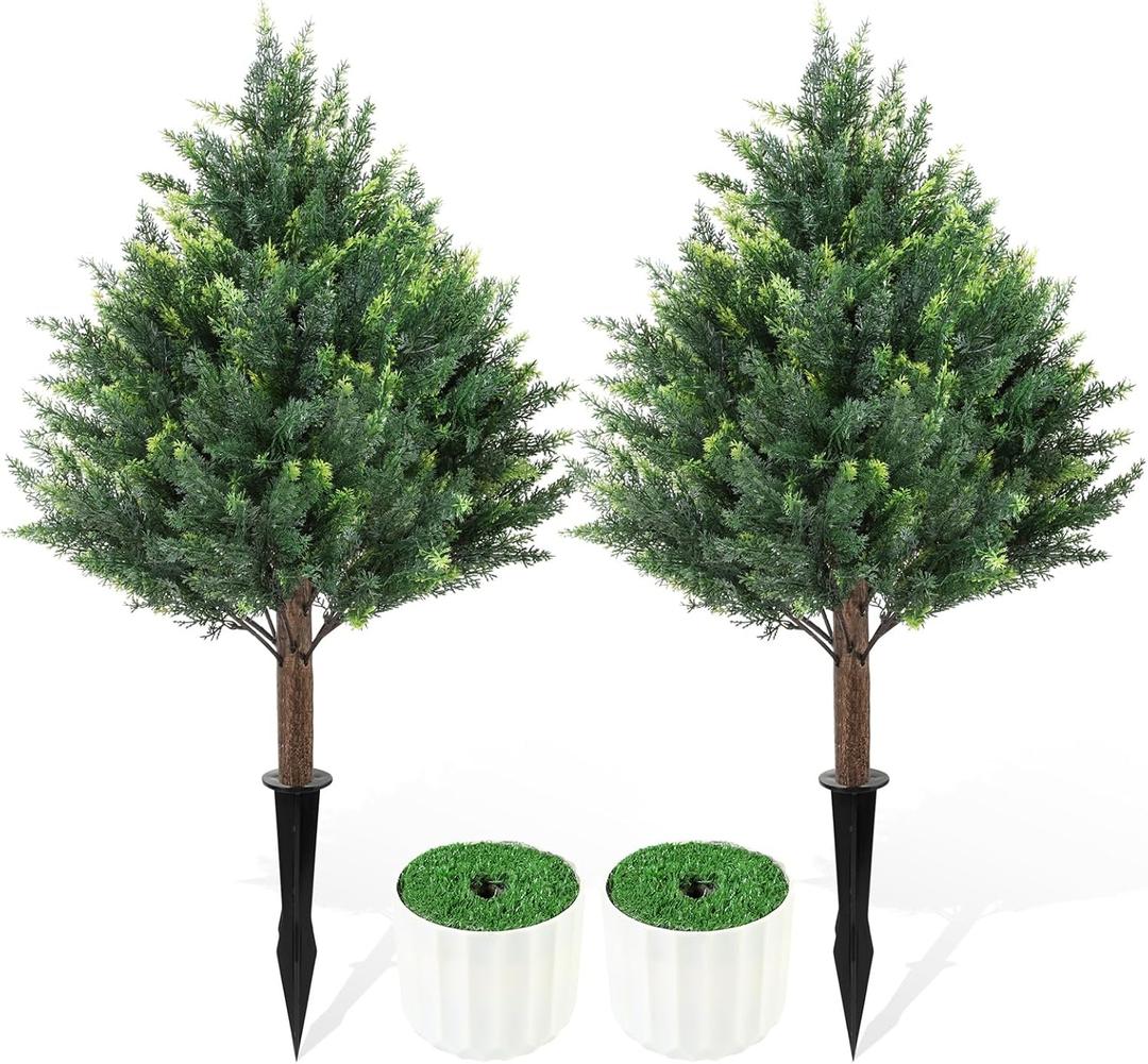 2FT Artificial Cedar Topiary Trees Set of 2 Detachable Planter & Spike, UV Resistant Faux Plants Outdoor and Indoor, Realistic Fake Bushes Pine Tree for Front Porch Decor Patio Offices Green