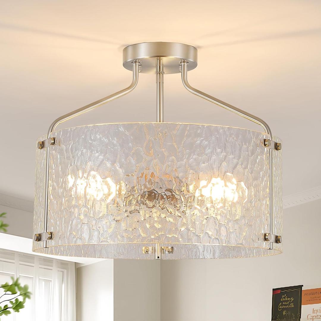 Semi Flush Mount Ceiling Light Fixture Glass Drum Chandelier Entryway Light Fixture 16''Brushed Nickel Flush Mount Ceiling Lights 3-Light Foyer lighting fixtures for Living Room Hallway Bedroom
