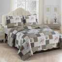 Brilliant Sunshine Rose and Toile Patchwork, 3-Piece Quilt Set, Reversible Bedspread, Lightweight Coverlet, All-Season, Queen, Rose Gray