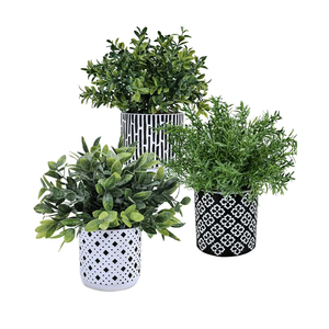 Winlyn 3-Pack Artificial Potted Plants - Faux Eucalyptus, Rosemary, Boxwood Greenery in Small Black & White Geometric Concrete Pots -Desk, Table, Shelf, Windowsill Decor for Indoor Outdoor Home Office