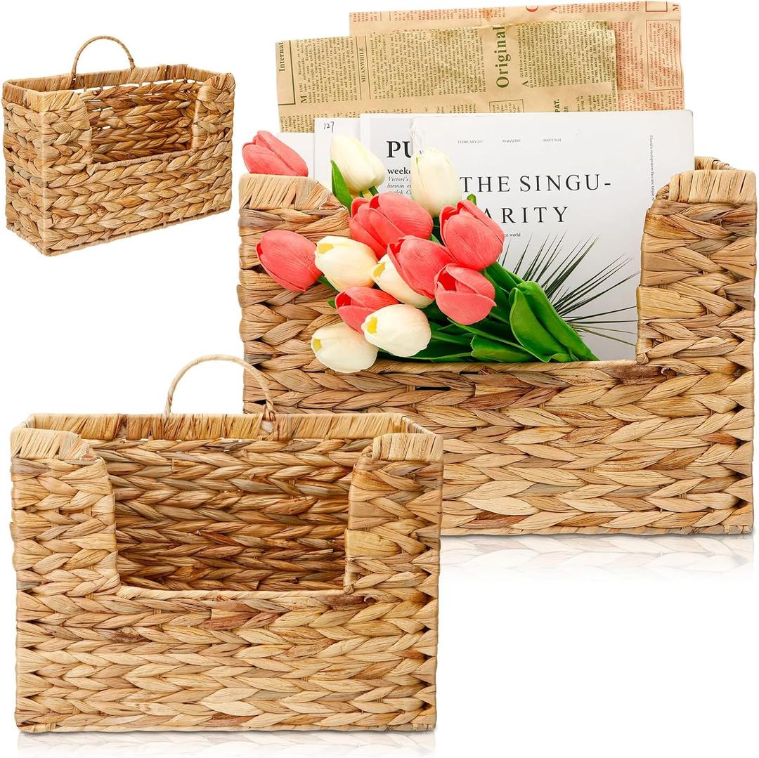 Dunzoom 2 Pcs 14" and 12" Woven Hanging Basket for Wall, Large Hanging Wall Basket, Water Hyacinth Storage Baskets with Handles File Organizer Magazine Holder for Home, Office, Farmhouse