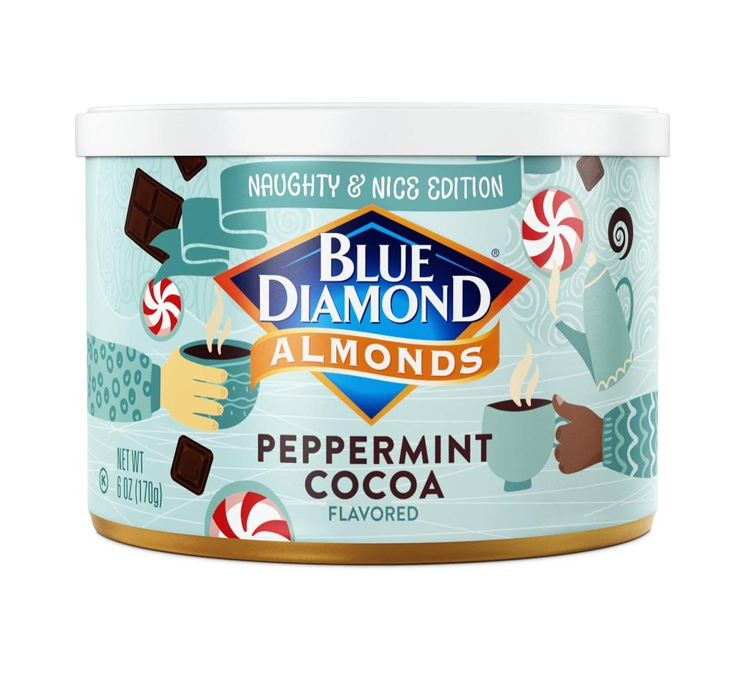Blue Diamond Almonds, Peppermint Cocoa Holiday Snack Nuts, 6 Oz(Pack of 1),Resealable Can (EXP 05/06/26)