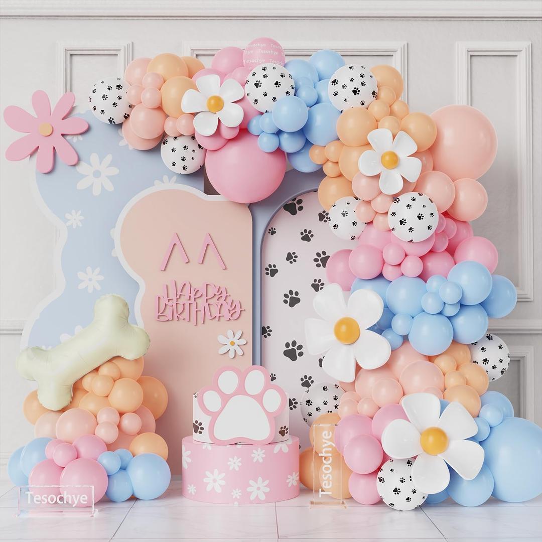 190Pcs Blue Balloon Garland Arch Kit,Dog Paw Birthday Party Decorations,Pastel Pink Blue Daisy Sunflower Balloons with Bone Foil Balloons for Boys Girls Baby Shower Blue Puppy Party Decorations