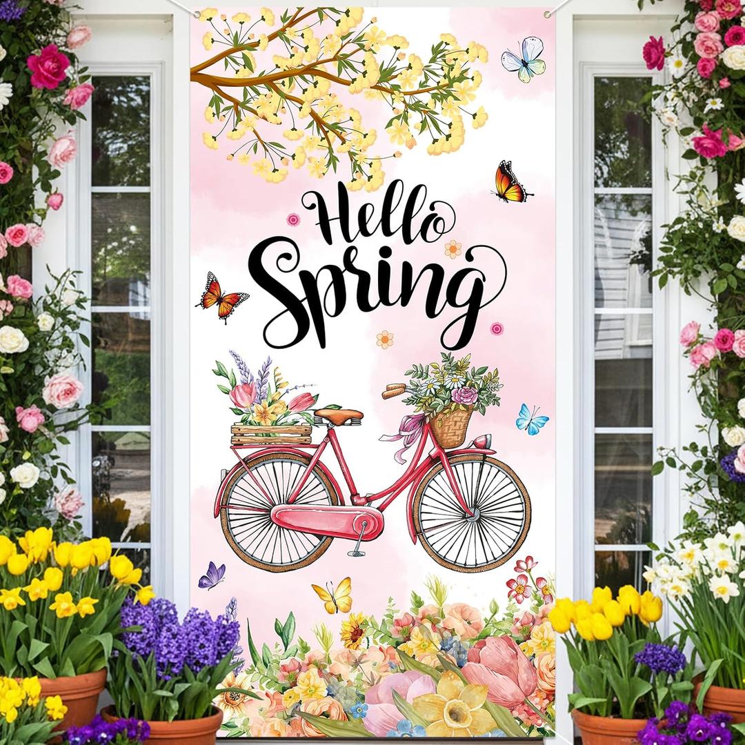 Spring Door Cover Decorative Welcome Spring Door Banner Decorative with Colorful Floral Butterfly and Pink Bicycle for FrontdDoor Decorations Spring Hanging Decor Supplies Outdoor Classroom (Green)