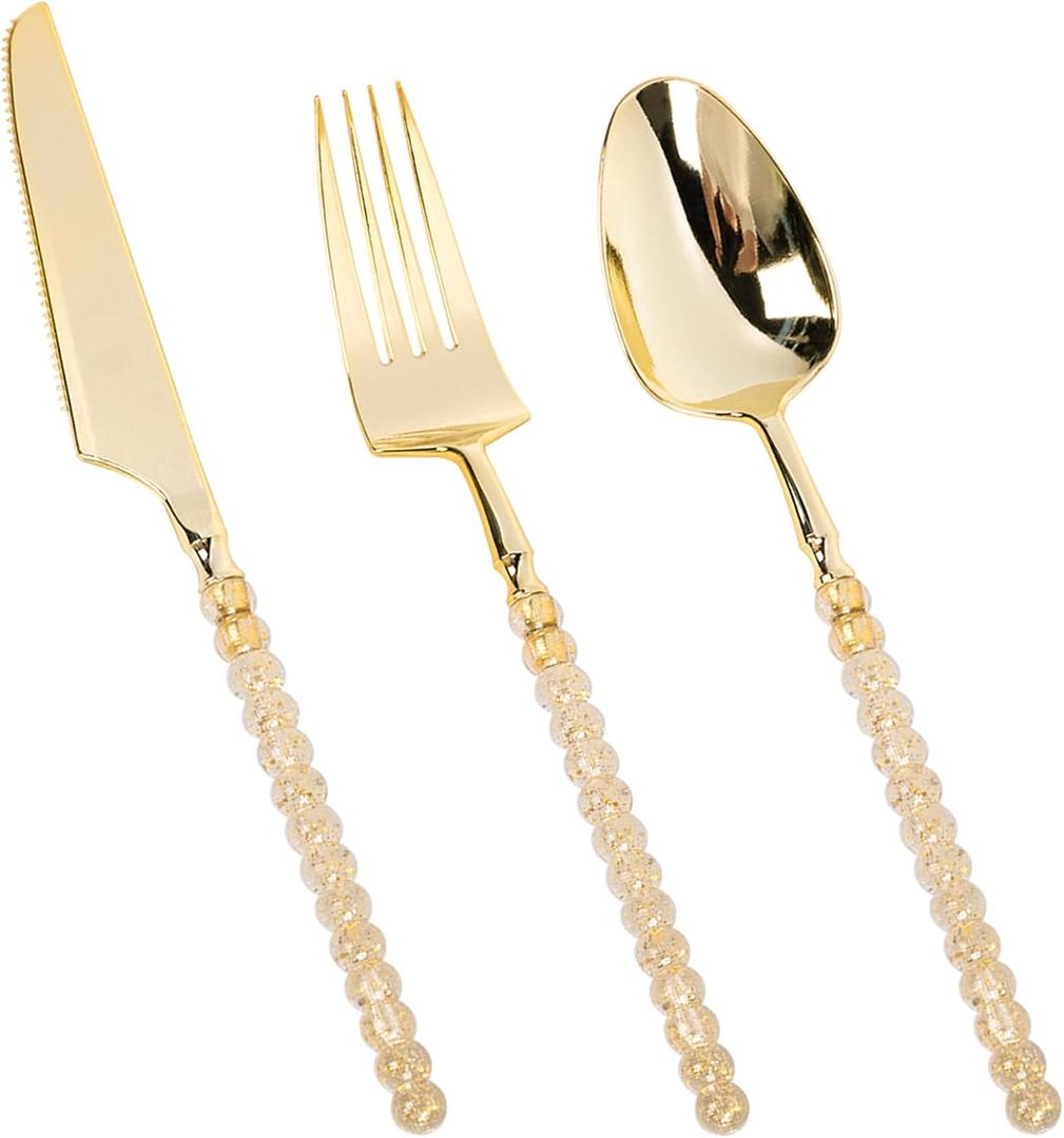 150PCS Gold Plastic Silverware, Heavy Duty Utensils, Disposable Plastic Cutlery Silverware Include 50 Forks, 50 Knives, 50 Spoons for Party and Wedding, Shiny Bead