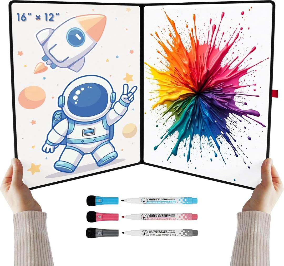 iNenya Double-Sided White Board 1612inch - Expands to 2416 Dry Erase Board with 3 Markers & Anti-Ghosting Surface | Magnetic-Ready | Ultra-Thin for Office,School,Travel,Home(16"12"-Black)