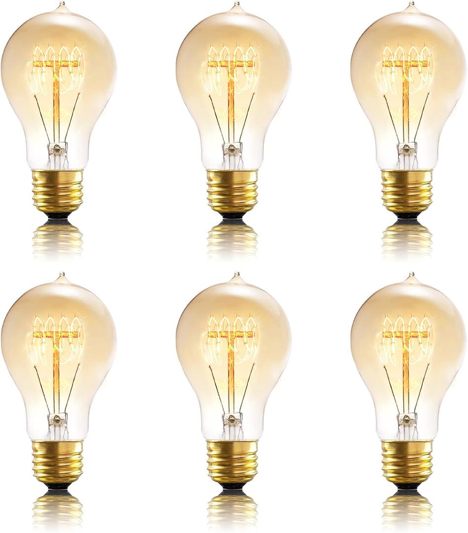 Figame A19 Incandescent Light Bulbs 60 Watt, 120v Edison Bulbs Dimmable 2200k Warm Yellow E26 Base, Antique Retro Style Incandescent Bulb, Amber Glass Squirrel Cage Filament Decorative Lamp, 6Pack
