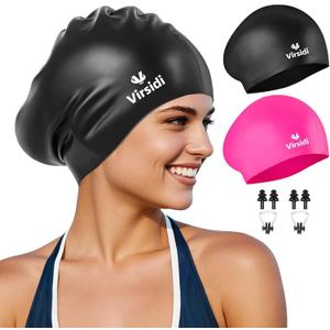 2 Pack Swim Cap for Women Men Adult, Silicone Swimming Caps for Short Long Hair, Waterproof Swim Hats Bathing Caps to Keep Hair Dry with Nose Clip and Earplugs, One Size