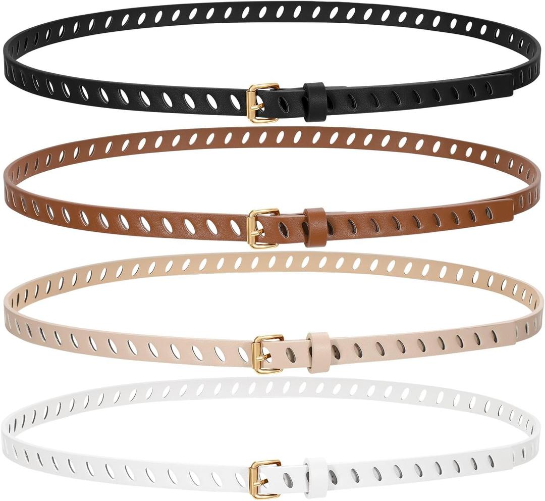 SUOSDEY 4 Pack Thin Belts for Women Skinny Leather Belts with Metal Buckle for Dresses Pants Jeans (Fit waist size 28"-32", 11-black+brown+beige+white)