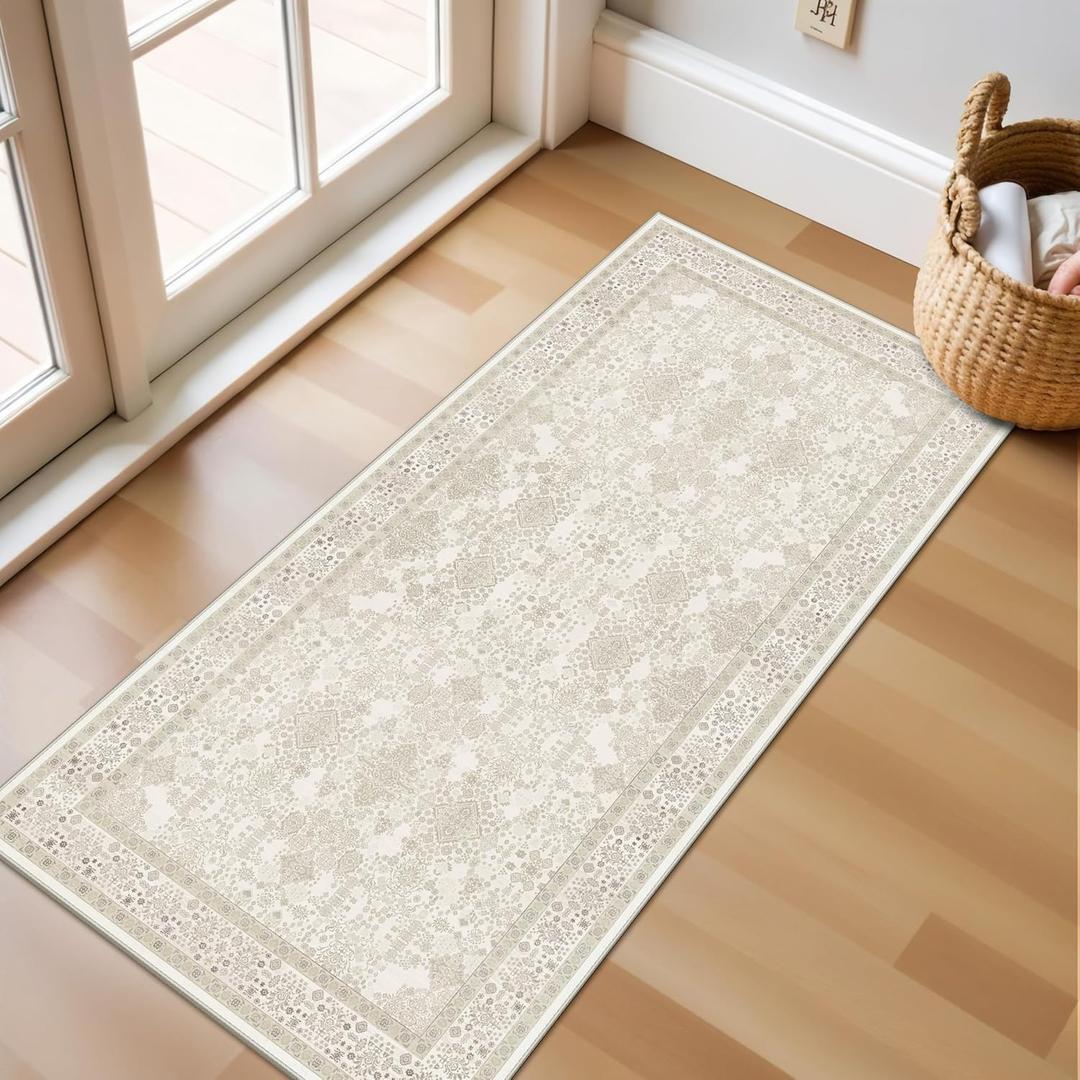 Entryway Runner Rugs Kitchen Mat 2x4 Pinkish Ivory Beige - Non-Slip Washable Soft Stain & Spill Resistant Distressed Vintage Small Rug - Low-Pile Thin Carpet for Hallway Bathroom Bedroom